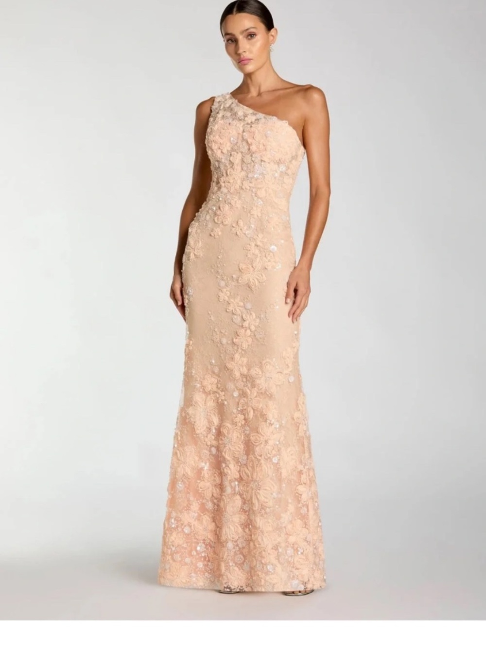 Mac Duggal peach one shoulder gown